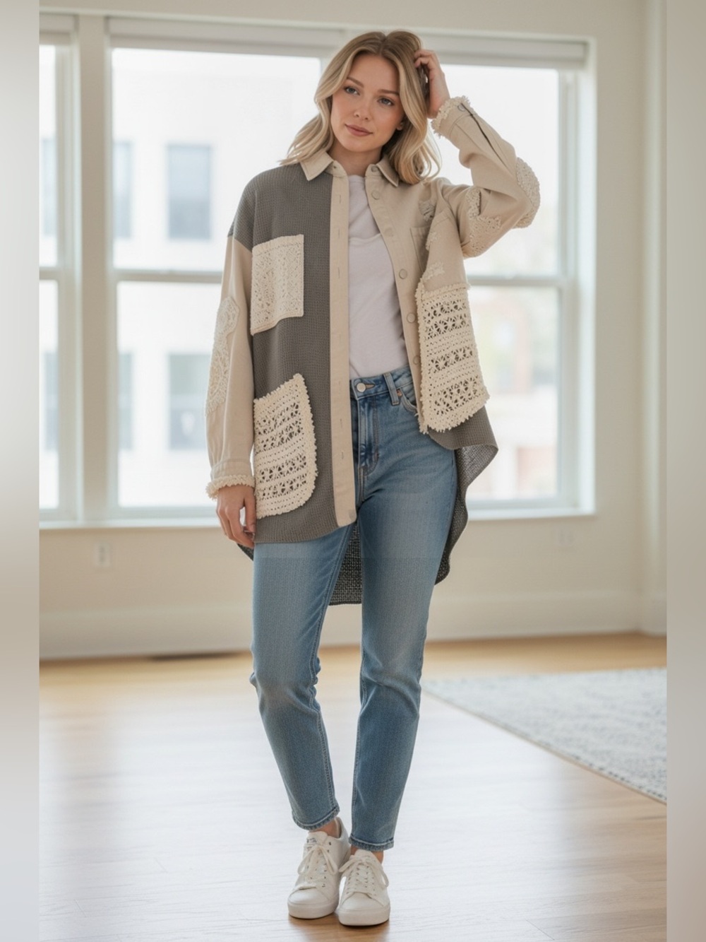 POL (rare find) Crochet Patchwork Button-Down Shacket - Cream/Gray